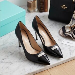 Coach logo Black Leather Pointed Toe Stiletto Pumps with Patent Cap heels shoes